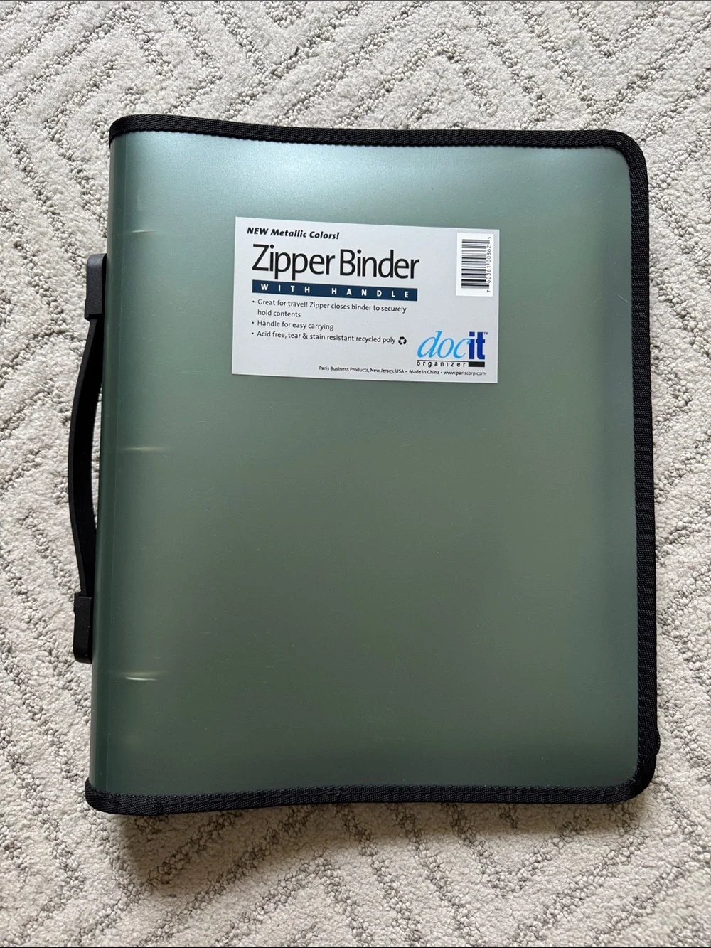 Metallic Green Zipper Binder with Handle